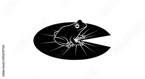 Minimalist black and white illustration of a frog sitting on a water lily pad in a pond. Graphic amphibian on a floating leaf.