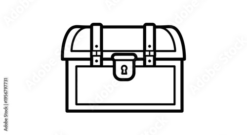 Closed Treasure Chest Line Icon. Outline illustration of an old wooden box with straps and a keyhole. Symbol of wealth, discovery, and adventure.