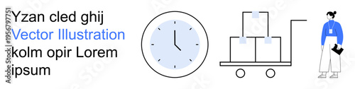 Time management, supply chain, delivery services, productivity, e-commerce, efficiency. A clock, stacked boxes on a cart and a worker. Time management and supply chain visual theme