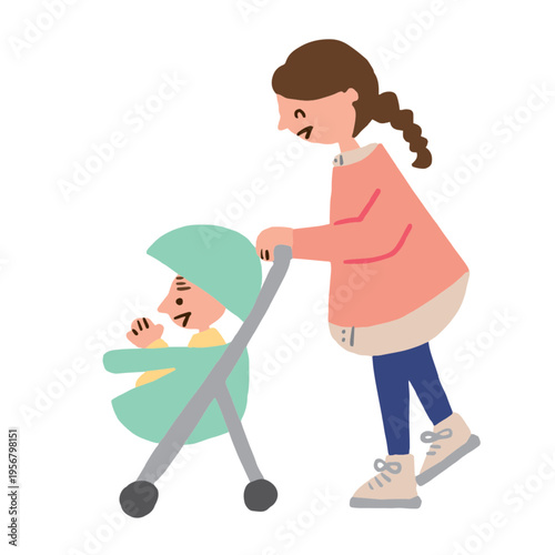 A woman pushing a stroller with a baby in it