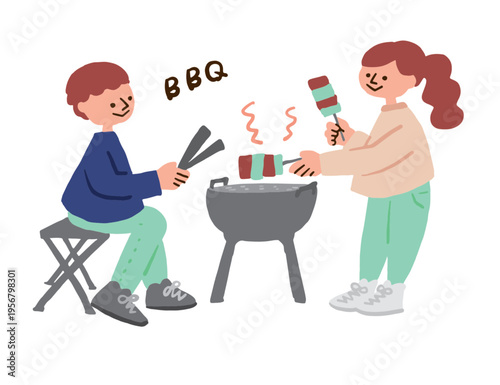 Illustration of a man and a woman having a barbecue