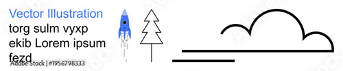 Creativity, exploration, imagination, nature, simplicity, design visuals. Blue rocket icon, tree and cloud line art in a minimalistic composition. Creativity and exploration concepts
