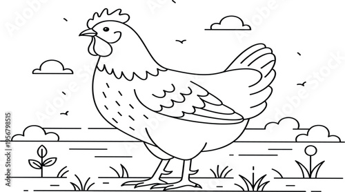 Chicken Farm Animal Line Art Illustration with Rural Landscape, Bird Outline Drawing, Poultry Farming Concept, Coloring Page Style, and Minimal Vector Design