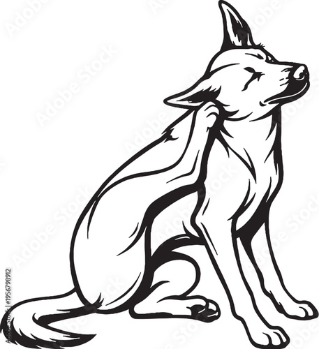 Belgian Malinois scratching ear sitting pose black and white line art illustration