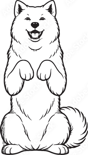 Akita Sitting Beg Pose Front View Black and White Line Art Illustration