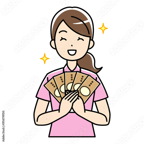 お札を持っている笑顔の女性（ポロシャツ姿）