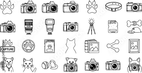 Pet Photography Icon Set: Camera, Dog, Cat, and Photo Accessories
