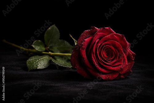 Single Red Rose with Water Drops on Dark Black Background Romantic Love Symbol