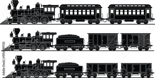 Set of three black steam train silhouettes isolated on white background, vintage locomotive vector illustration for classic railroad transport design.