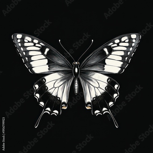 detailed monochrome swallowtail butterfly with outstretched wings and delicate tails on a black background, elegant serene symmetrical composition