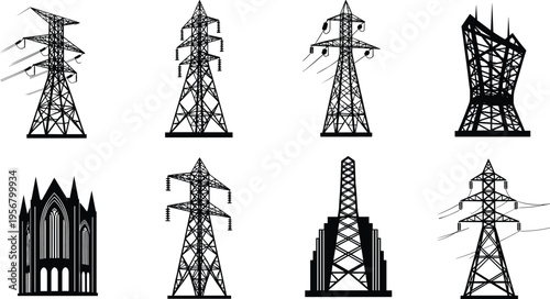 Silhouette of electrical utility poles, high voltage power towers, electricity transmission lines, transformer set, industrial energy infrastructure, cable wire network icons,