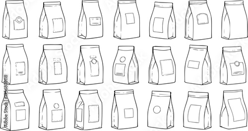 Hand-Drawn Line Art Illustrations of Various Bag Designs, Packaging Mockups for Products