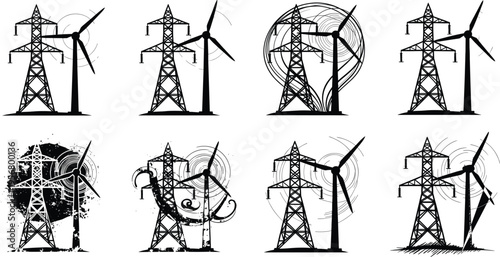 Silhouette of electricity transmission tower and wind turbine generating renewable energy, industrial power infrastructure illustration with dynamic abstract line effects, black design