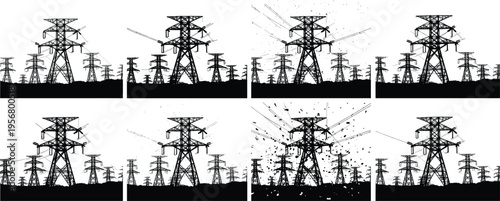 Silhouette of high voltage electricity pylons with damaged power lines, energy infrastructure failure, electric grid destruction, industrial landscape illustration