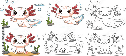 Cute Axolotl Cartoon Set with Adorable Aquatic Salamander Characters, Underwater Scene, Coloring Page and Colored Version, Kids Illustration and Vector Collection