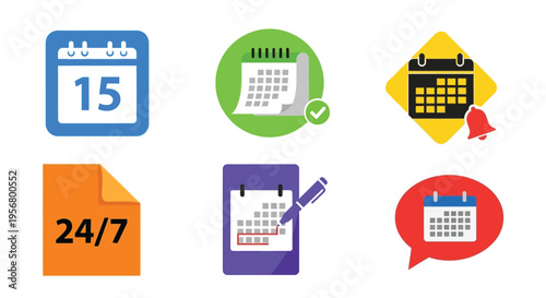 Colorful calendar and schedule icons representing dates time and appointments