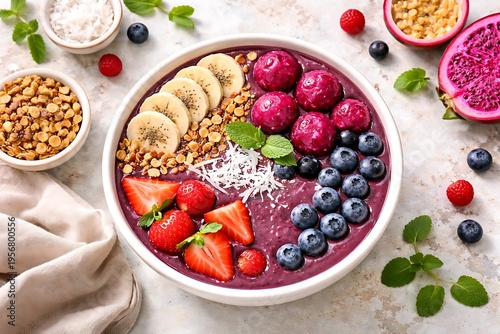 Acai Smoothie Bowl with Fresh Berries Banana Granola and Coconut on White Background