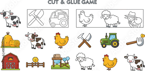 Cut and Glue Farm Matching Game Worksheet for Kids with Animals, Tools, Tractor, Barn, and Hay, Preschool Learning Activity and Educational Printable Vector