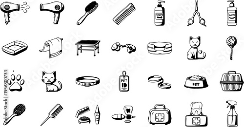 Pet Grooming  Care: Hand-Drawn Vector Icon Set for Animal Lovers  Businesses (Black and White)