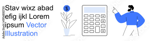 Finance management, budgeting, investment planning, workplace productivity, accounting, business solutions. A calculator, currency symbol and businessman pointing. Finance management and budgeting