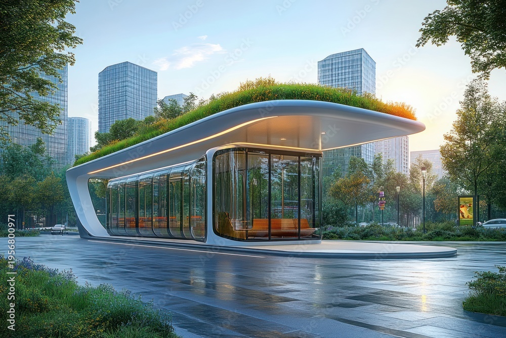 Obraz premium futuristic glass transit shelter with curved green roof, wooden benches and reflective wet plaza in a serene urban park at sunset