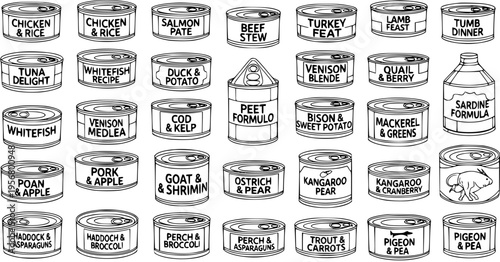 Detailed line art illustration of a wide variety of canned pet foods for dogs and cats. Features diverse flavors like chicken, tuna, venison, beef, fish, and exotic meats with fruits and vegetables.