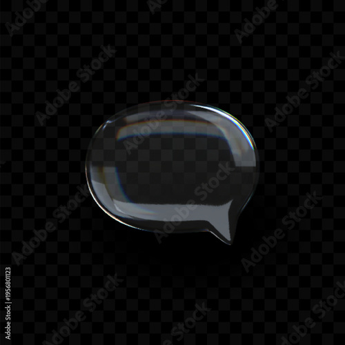 3D transparent glass chat bubble icon with refraction and holographic rainbow effect. Perfect for talk, message, or communication concepts.