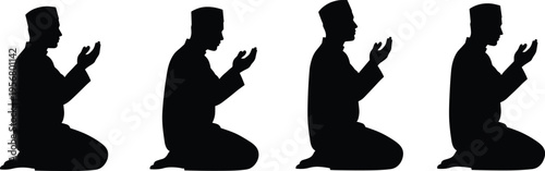 Silhouette of man praying in kneeling position, Islamic worship pose with raised hands, spiritual prayer illustration for religion and faith concepts