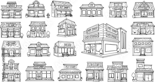 Hand-drawn Black and White Collection of Diverse Shop Buildings and Pet Stores Sketch Outline Illustrations on White Background, Cartoon Line Art Set for Design.
