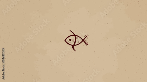 Abstract Minimalist Fish Symbol Illustration on Rustic Beige Textured Background