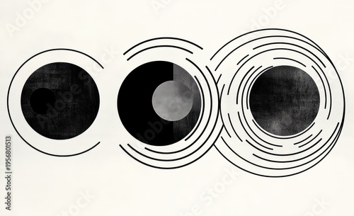 Three textured black and gray concentric circles with broken outer rings on a pale background, minimalist geometric composition conveying quiet mystery