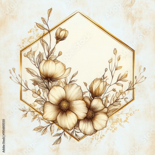 three sepia-toned blooming flowers with buds and delicate leaves arranged around a golden hexagon frame on a textured background, evoking warm vintage elegance
