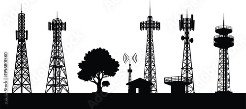 Silhouette of multiple communication towers, radio antennas, wireless network station and tree landscape, modern telecommunication infrastructure technology background illustration