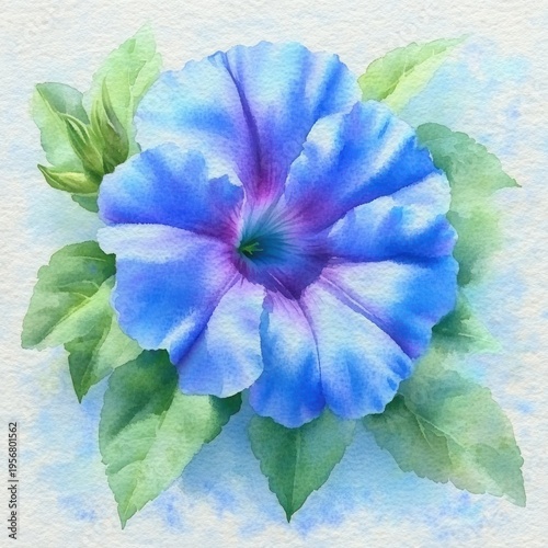 Soft watercolor blue flower with green leaves on textured paper, delicate serene botanical bloom