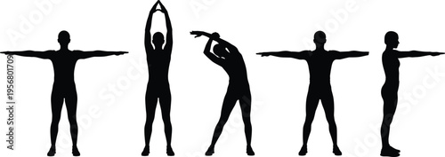 Silhouette of person doing stretching exercises, fitness warm up poses, body flexibility workout routine illustration for health training and physical activity
