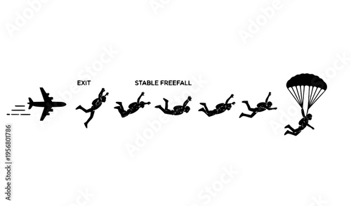 Skydiving silhouette icon set with airplane jump sequence and parachute poses for extreme sports infographic design