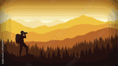 Silhouette of Photographer with Backpack taking Pictures in Mountain Landscape at Sunset, Orange Forest Valley View, Nature Photography Vector Illustration