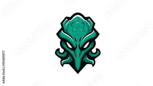 Mysterious Green Sea Monster Head with Tentacles Vector Icon. Deep Ocean Fantasy Creature Mascot Logo Design.