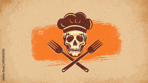 Grungy Chef Skull with Hat and Crossed Forks Illustration. Culinary Emblem on Textured Background for Restaurant Design.