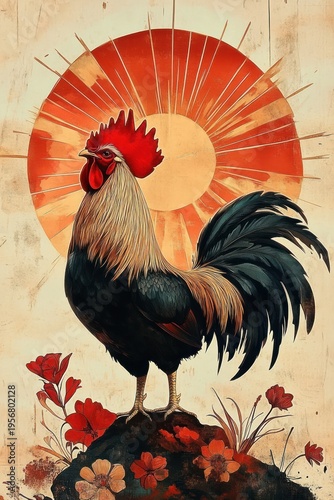 Majestic rooster with golden neck and black tail standing on a rock amid red flowers against a radiant orange sunburst, evoking pride and dawn