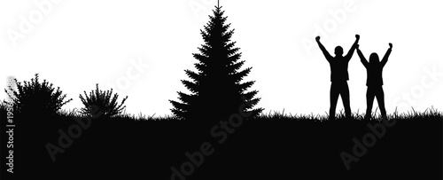 Silhouette of two people celebrating with raised arms outdoors near pine tree and bushes, joyful nature scene perfect for artwork and illustration