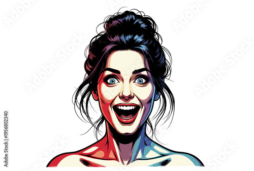 Comic style woman with surprised expression and messy bun