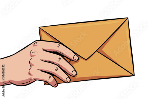 Hand holding a closed brown envelope in comic style