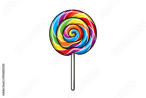 Colorful spiral lollipop on a stick against a white surface