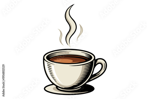 Steaming cup of hot coffee on saucer, cartoon style