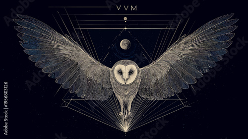 Mystical Barn Owl with Spreading Wings, Intricate Hand-Drawn Geometric Art on Dark Background, Esoteric Symbolism Illustration