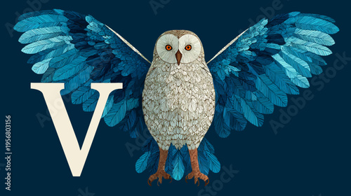 Illustrative owl with vibrant blue feathered wings and the ornate letter V. Majestic nocturnal bird design for wisdom, knowledge.