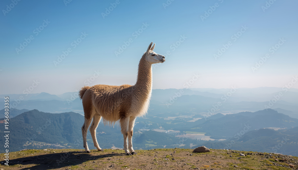 Naklejka premium Llama mountain ridge panoramic sky proud stance golden fleece serene