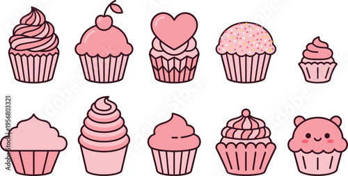 Ten unique cupcake icon collection with frosted muffins, cream swirls, and cute bakery dessert elements for food branding, menus, birthday graphics, and sweet themed design
