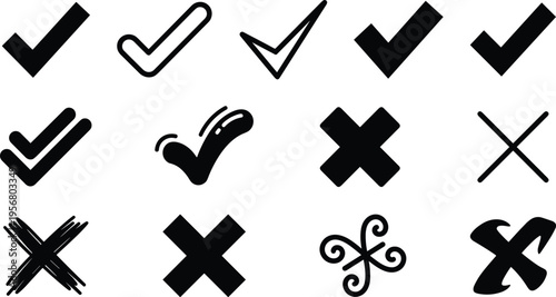 Check mark and cross icon set with approval, rejection, tick, validation, and cancel symbols for forms, dashboards, interface design, apps, and communication graphics